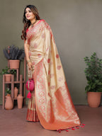 Vedant Vastram Viscose Silk Kanjeevaram Silk Saree - Peach - Distacart