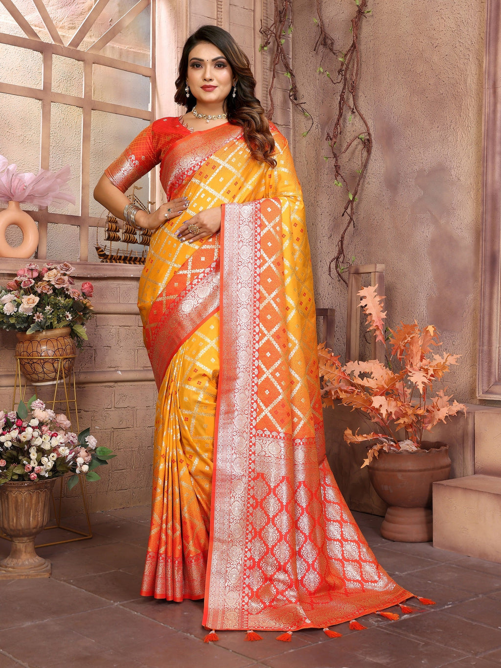 Vedant Vastram Soft Litchi Silk Kanjeevaram Silk Saree - Mustard