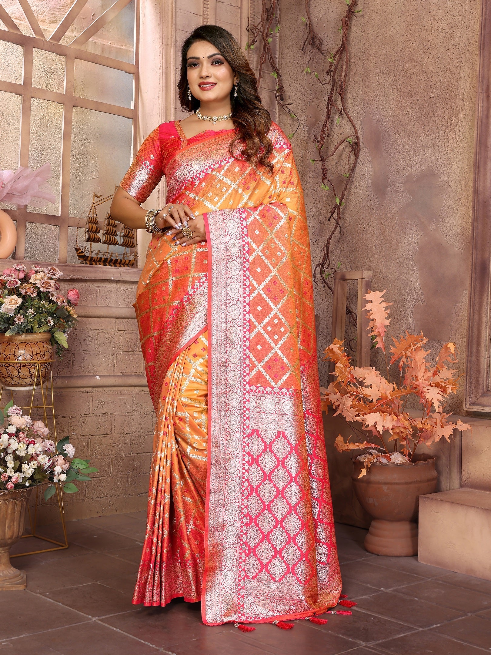 Vedant Vastram Soft Litchi Silk Kanjeevaram Silk Saree - Orange