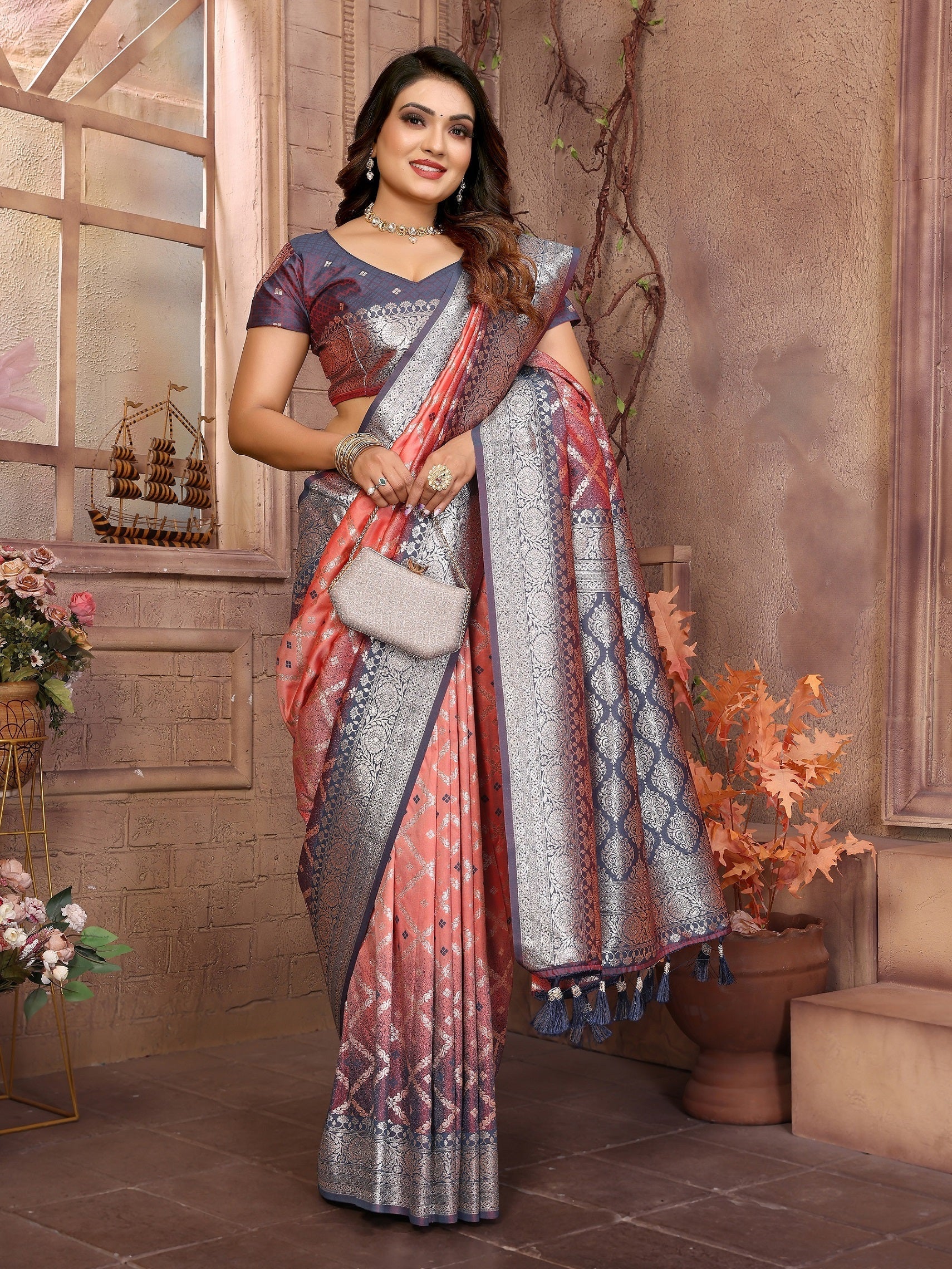Vedant Vastram Soft Litchi Silk Kanjeevaram Silk Saree - Peach