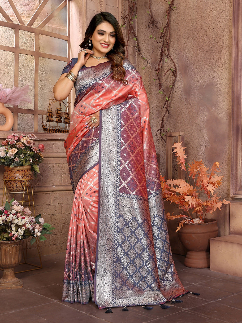 Vedant Vastram Soft Litchi Silk Kanjeevaram Silk Saree - Peach