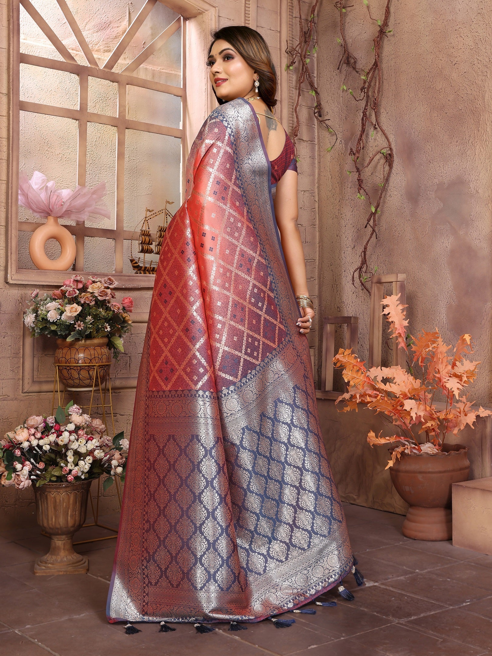 Vedant Vastram Soft Litchi Silk Kanjeevaram Silk Saree - Peach