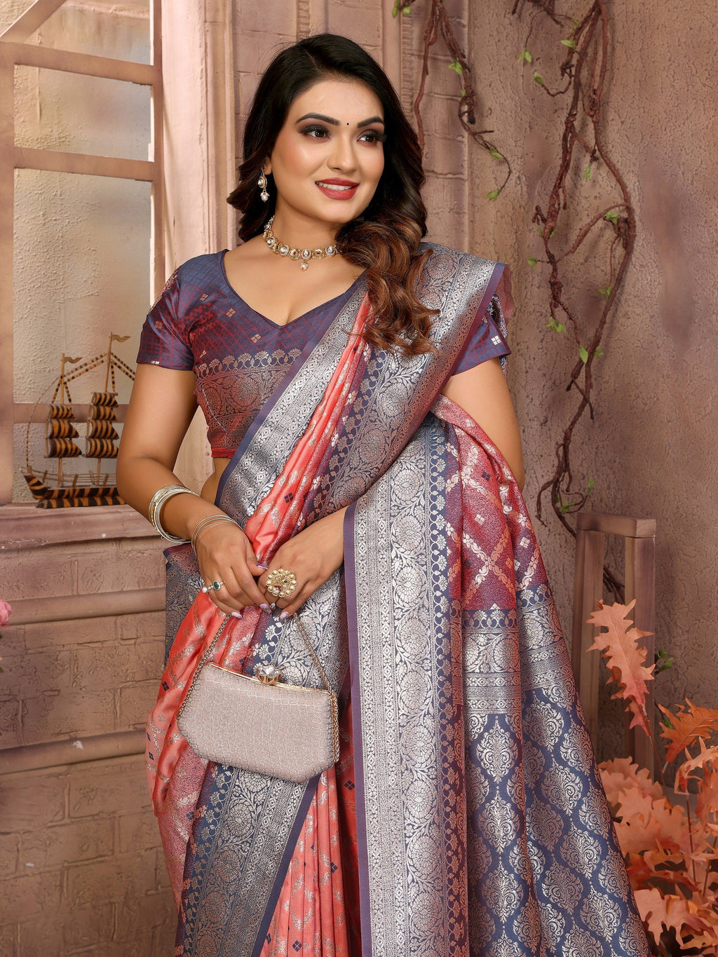 Vedant Vastram Soft Litchi Silk Kanjeevaram Silk Saree - Peach