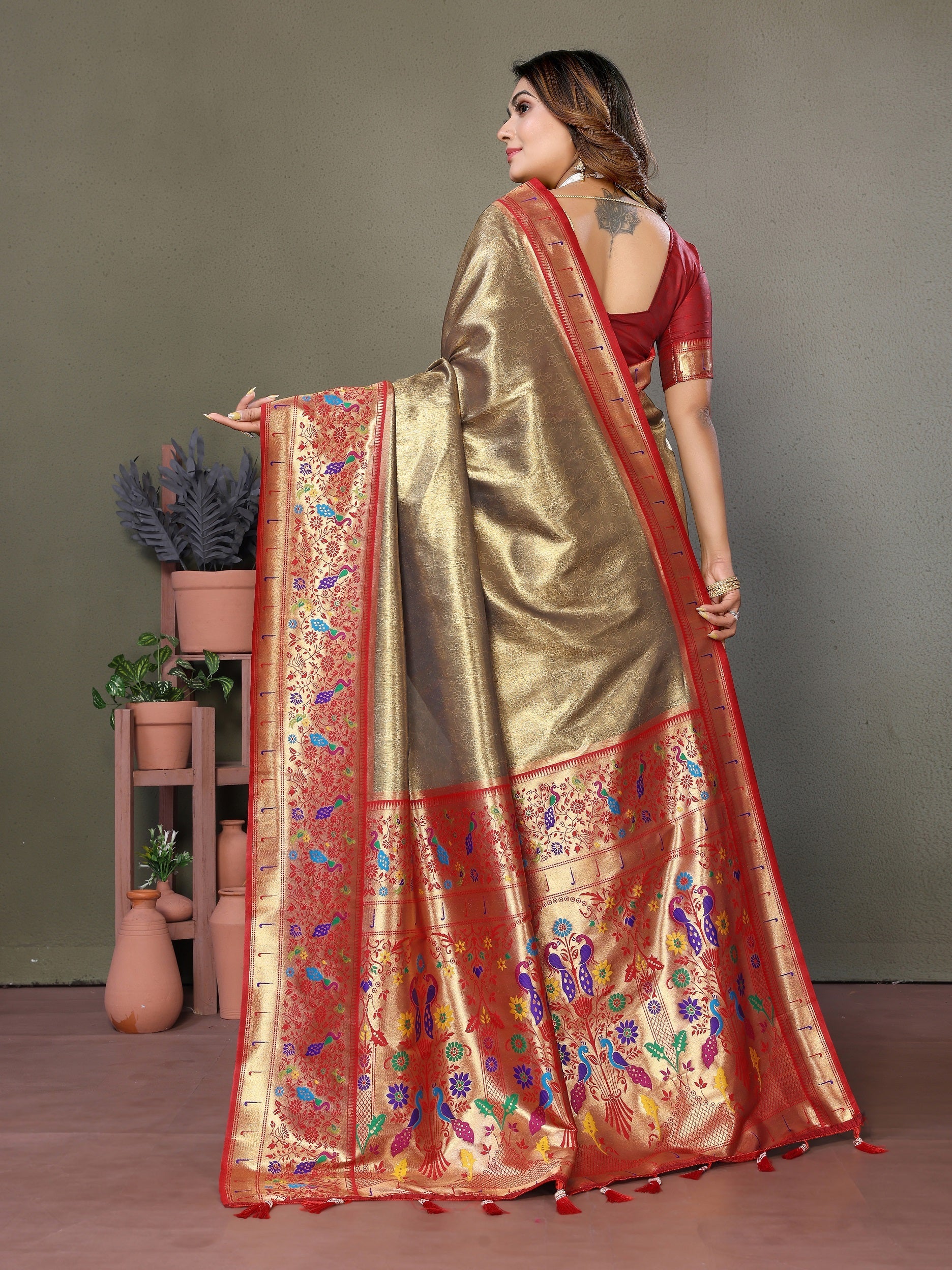 Vedant Vastram Tissue Silk Paithani Silk Saree - Beige - Distacart