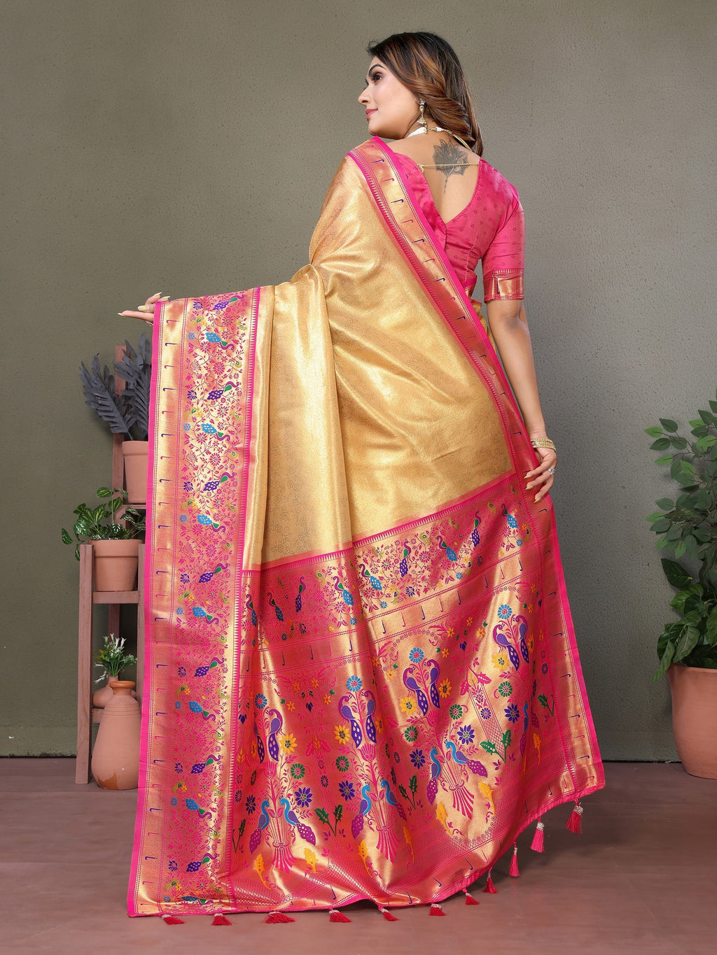 Vedant Vastram Tissue Silk Paithani Silk Saree - Gold - Distacart