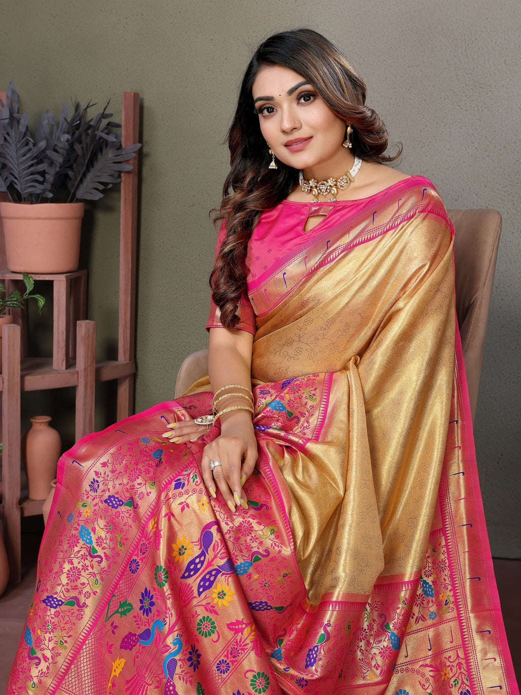 Vedant Vastram Tissue Silk Paithani Silk Saree - Gold - Distacart
