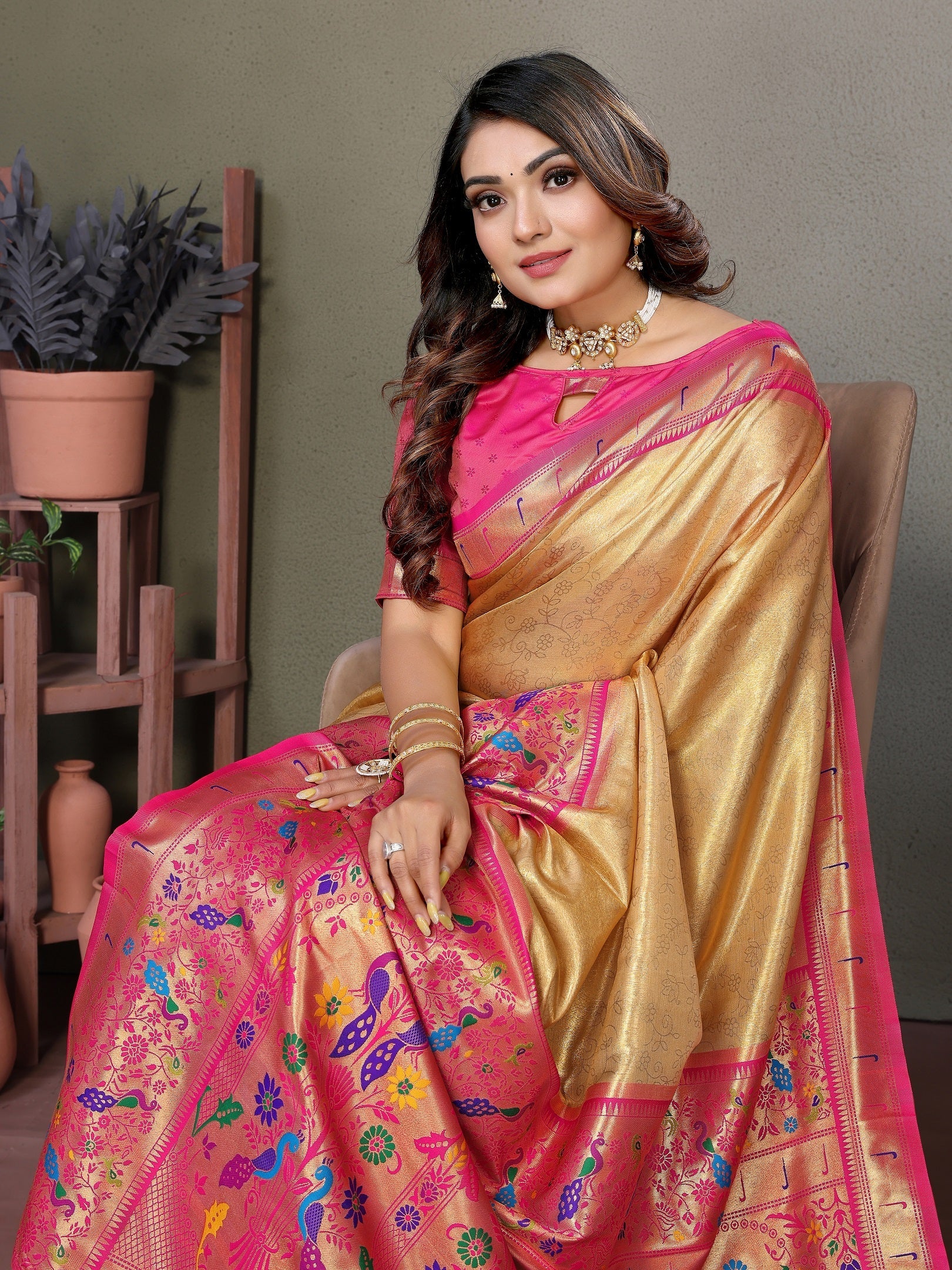 Vedant Vastram Tissue Silk Paithani Silk Saree - Gold - Distacart