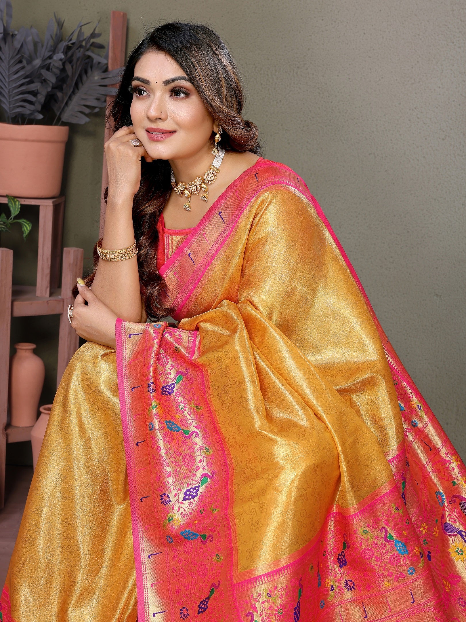 Vedant Vastram Tissue Silk Paithani Silk Saree - Mustard - Distacart
