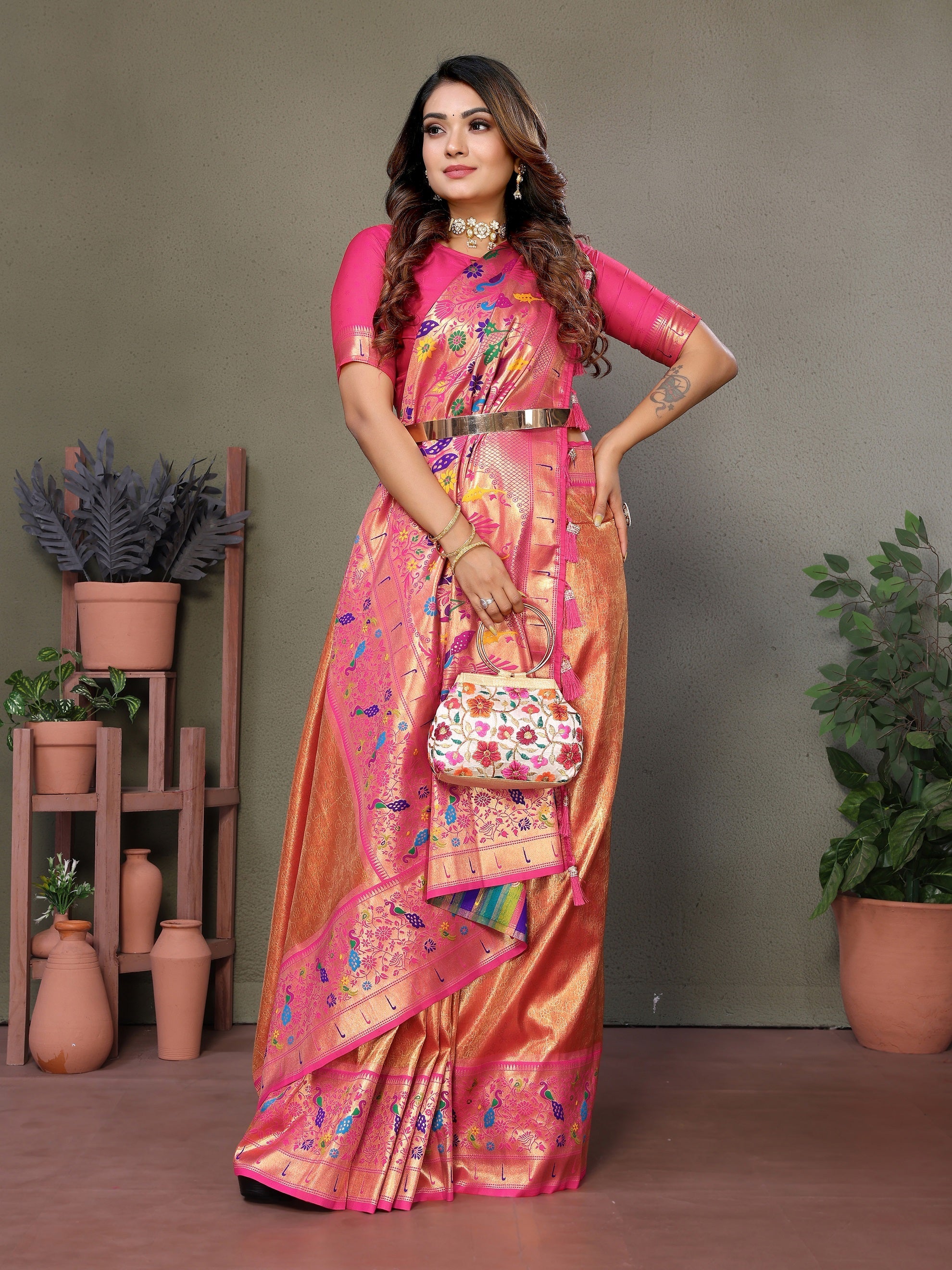 Vedant Vastram Tissue Silk Paithani Silk Saree - Orange - Distacart