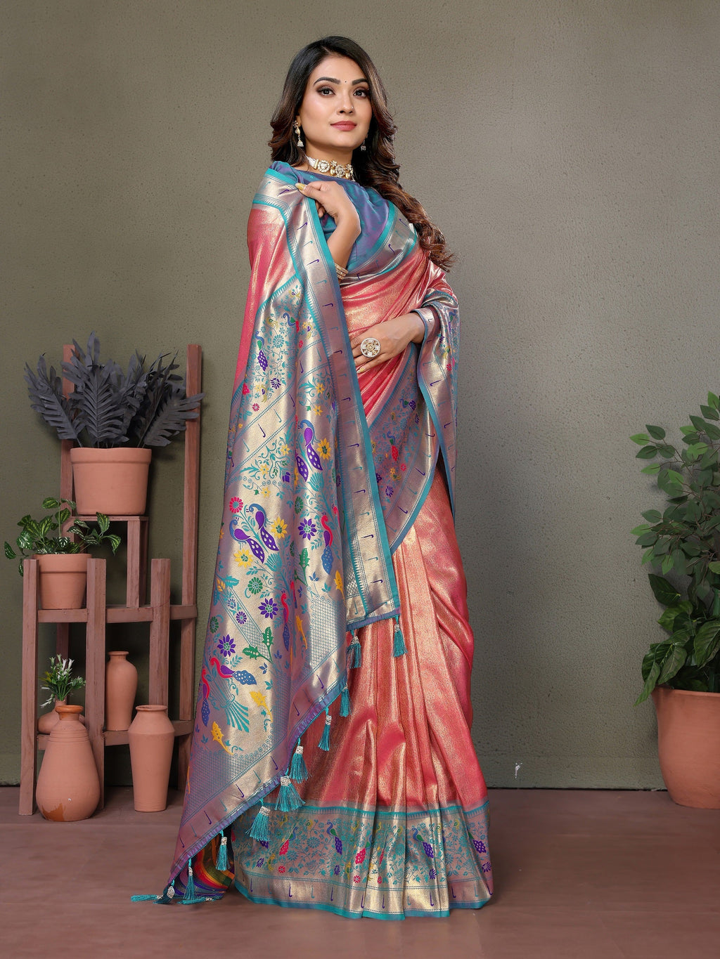 Vedant Vastram Tissue Silk Paithani Silk Saree - Peach - Distacart