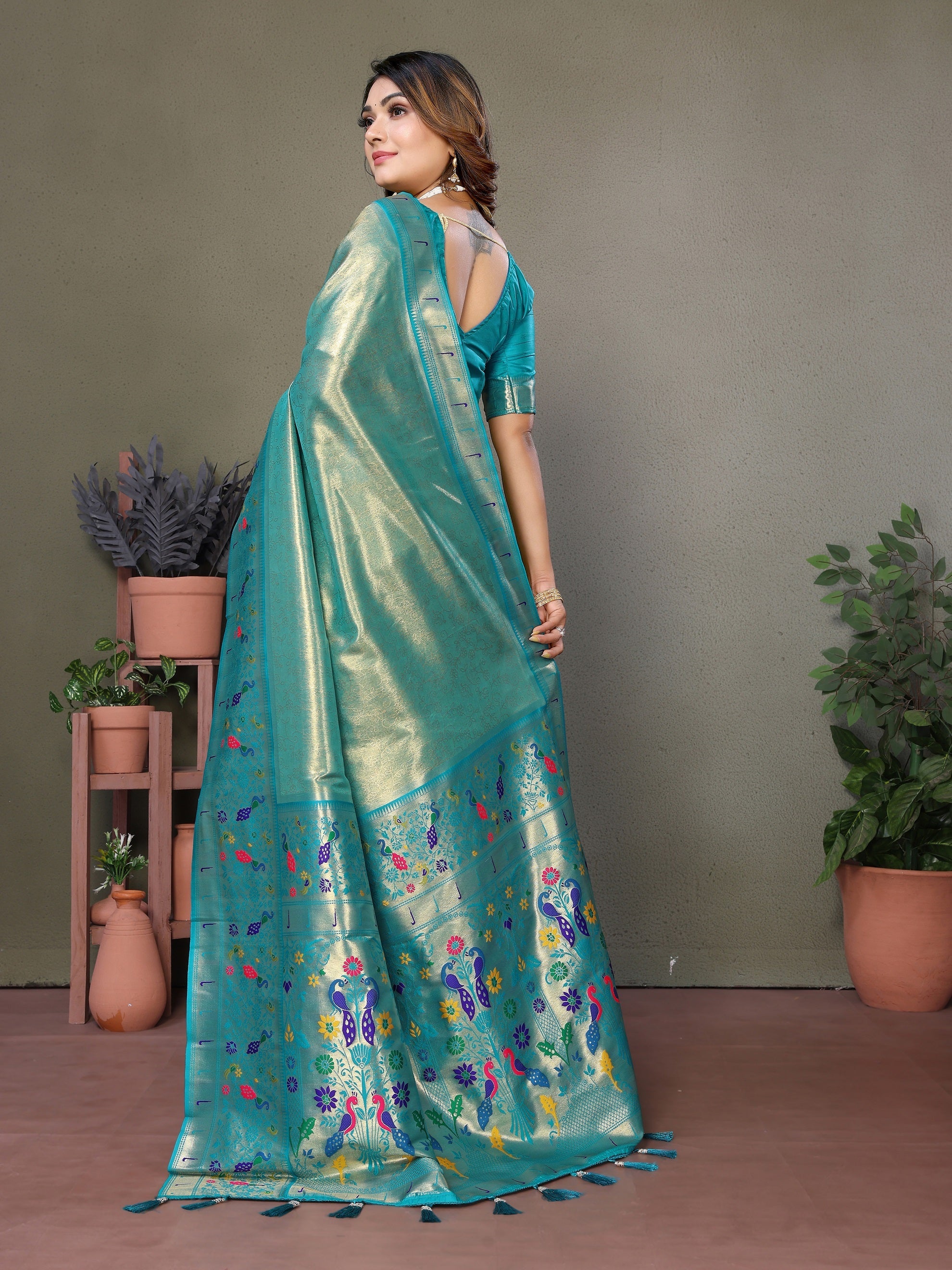 Vedant Vastram Tissue Silk Paithani Silk Saree - Rama - Distacart