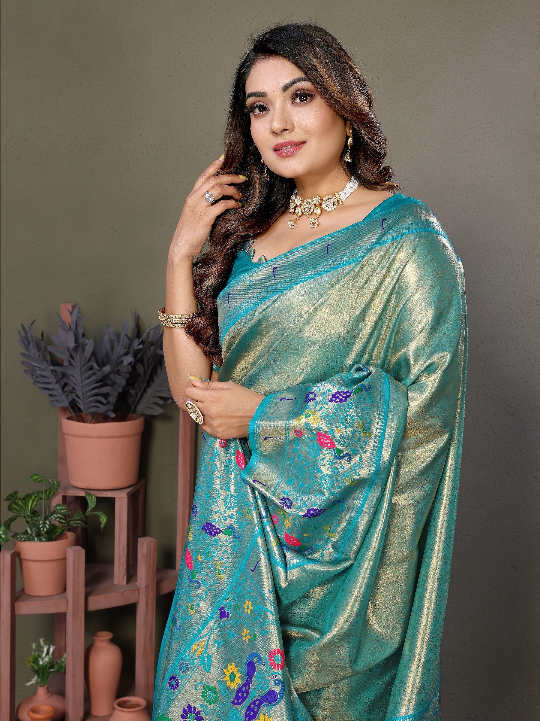 Vedant Vastram Tissue Silk Paithani Silk Saree - Rama - Distacart