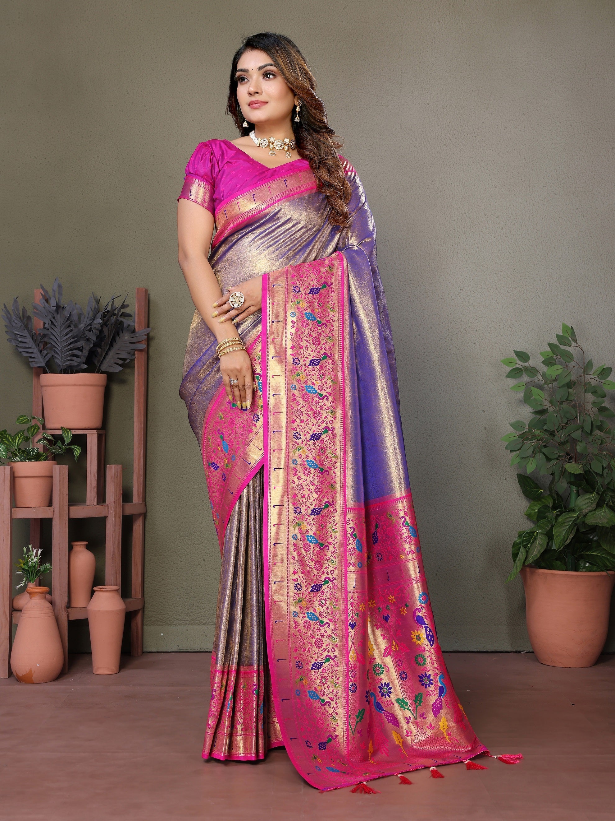 Vedant Vastram Tissue Silk Paithani Silk Saree - Sky Blue - Distacart