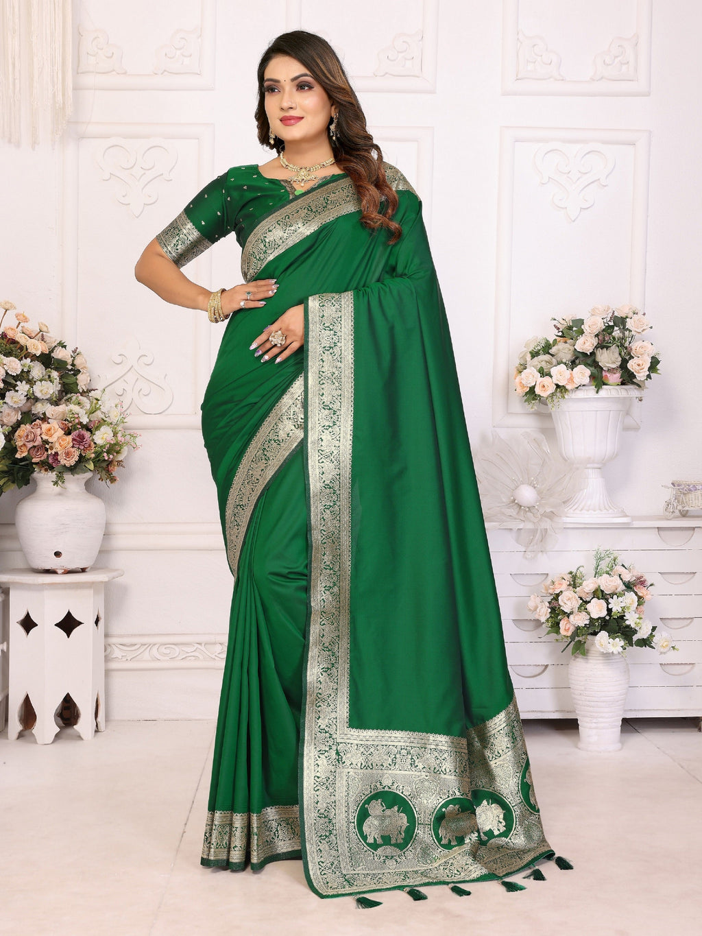 Vedant Vastram Soft Litchi Silk Banarasi Silk Saree - Green - Distacart