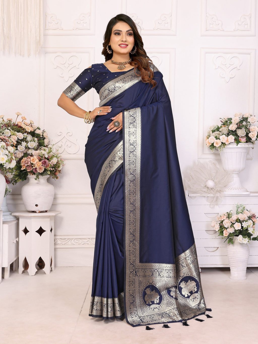 Vedant Vastram Soft Litchi Silk Banarasi Silk Saree - Navy - Distacart