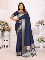 Vedant Vastram Soft Litchi Silk Banarasi Silk Saree - Navy - Distacart