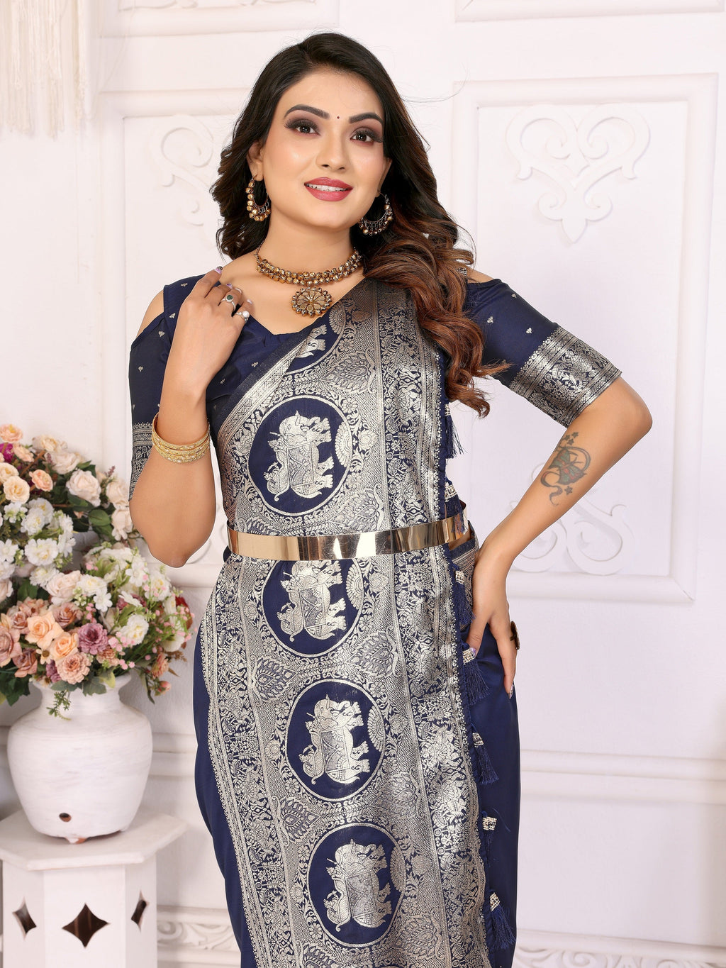 Vedant Vastram Soft Litchi Silk Banarasi Silk Saree - Navy - Distacart