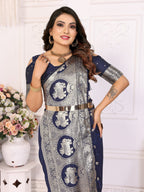 Vedant Vastram Soft Litchi Silk Banarasi Silk Saree - Navy - Distacart