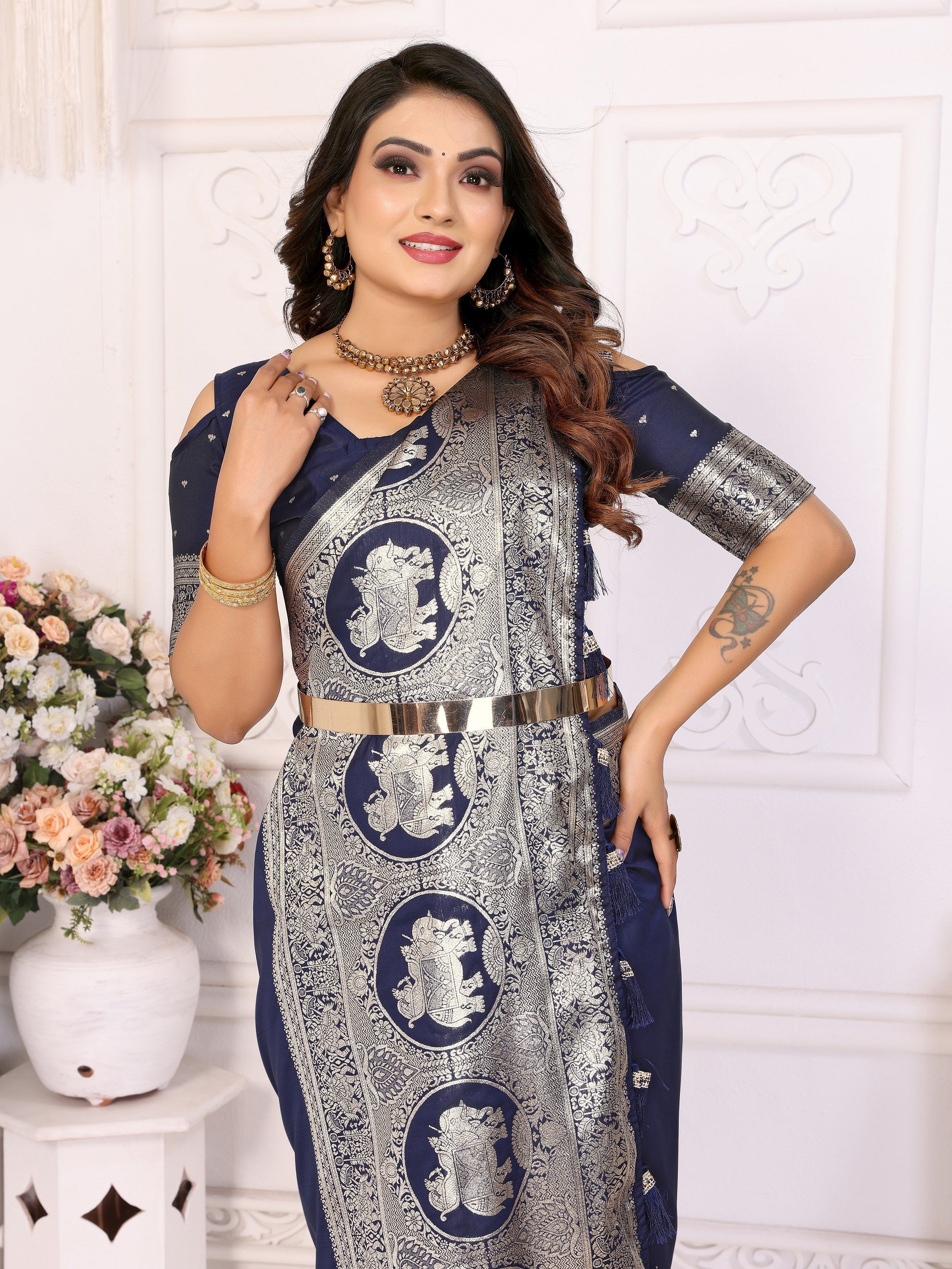 Vedant Vastram Soft Litchi Silk Banarasi Silk Saree - Navy - Distacart
