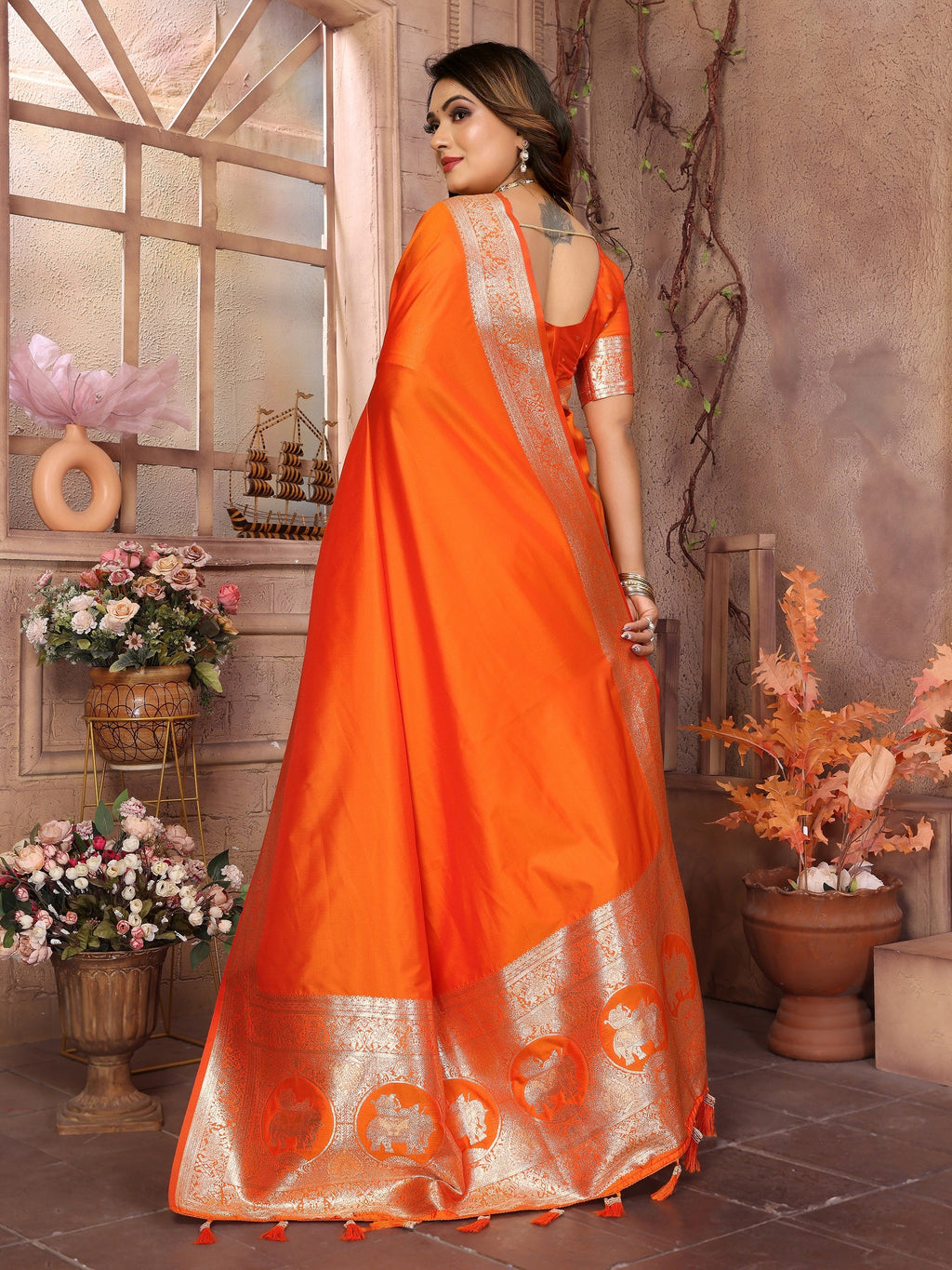 Vedant Vastram Soft Litchi Silk Banarasi Silk Saree - Orange - Distacart