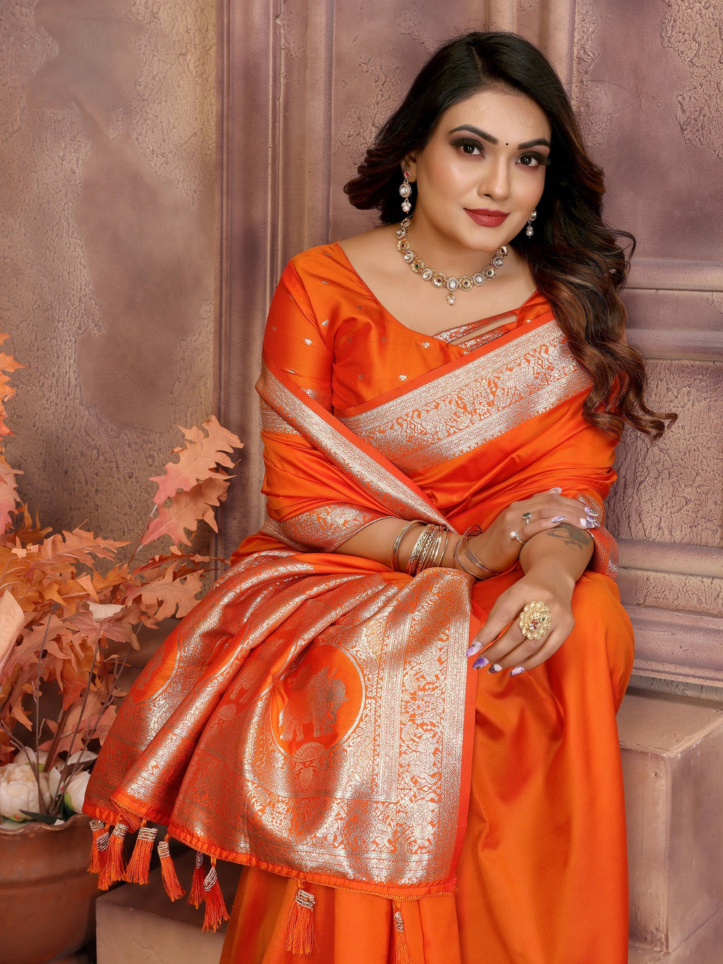 Vedant Vastram Soft Litchi Silk Banarasi Silk Saree - Orange - Distacart