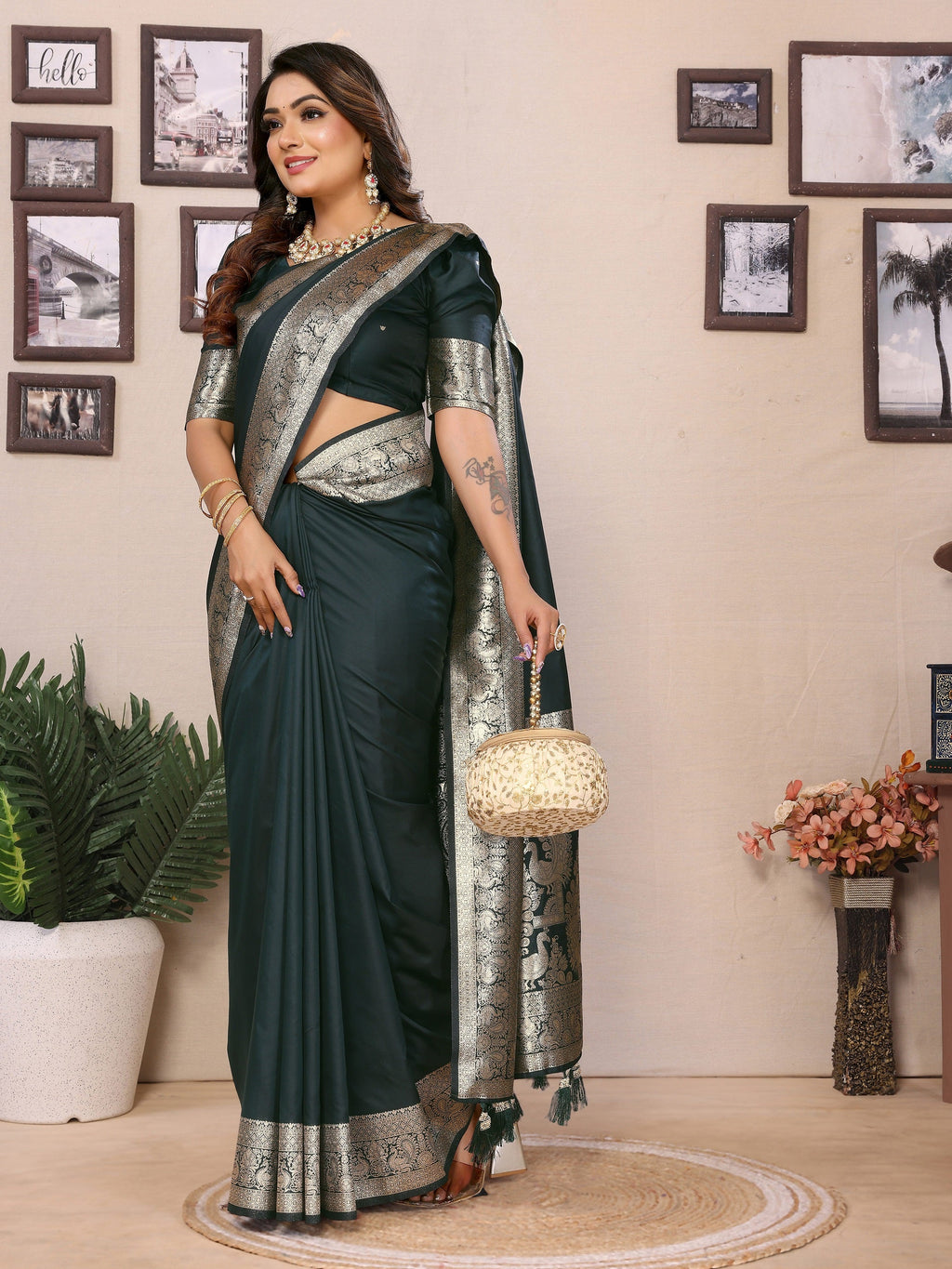 Vedant Vastram Soft Litchi Silk Banarasi Silk Saree - Green - Distacart