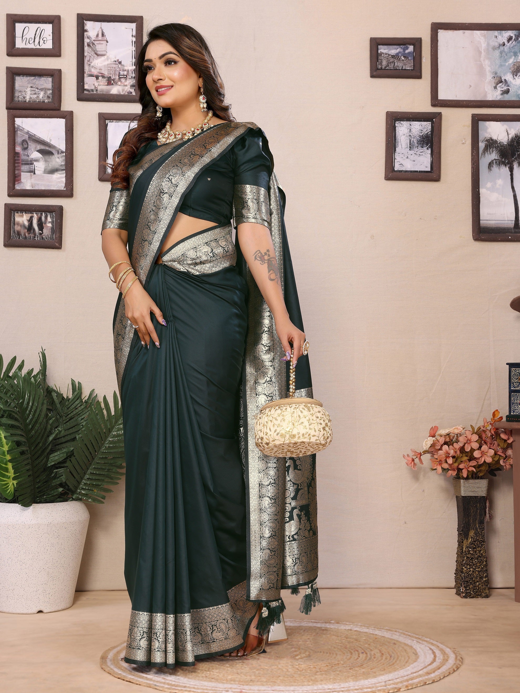 Vedant Vastram Soft Litchi Silk Banarasi Silk Saree - Green - Distacart