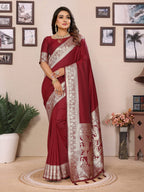 Vedant Vastram Soft Litchi Silk Banarasi Silk Saree - Maroon - Distacart