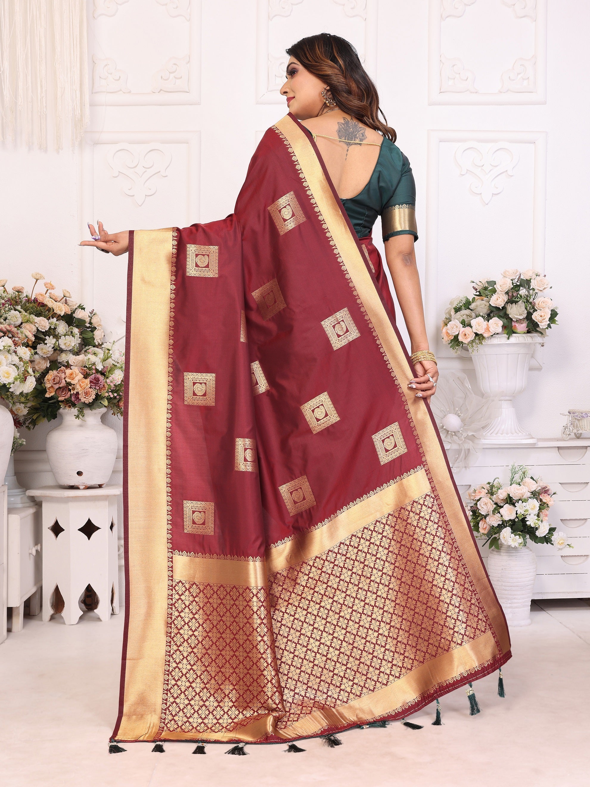 Vedant Vastram Soft Litchi Silk Banarasi Silk Saree - Maroon - Distacart