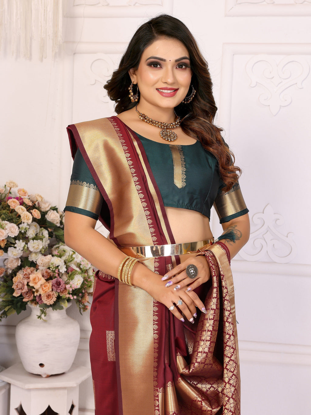 Vedant Vastram Soft Litchi Silk Banarasi Silk Saree - Maroon - Distacart