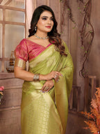 Vedant Vastram Soft Litchi Silk Banarasi Silk Saree - Olive