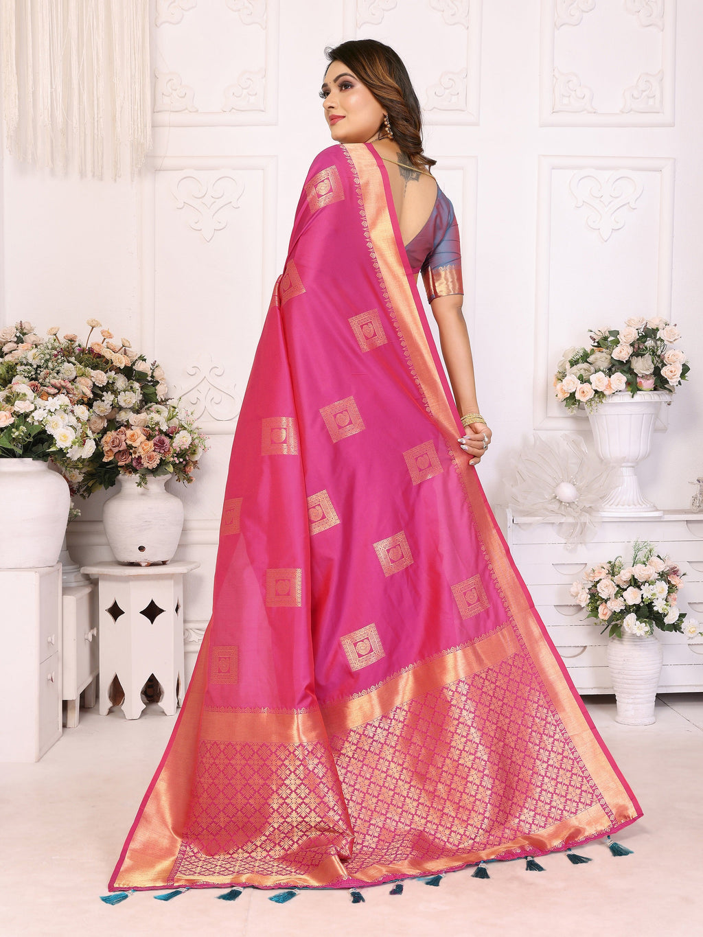 Vedant Vastram Soft Litchi Silk Banarasi Silk Saree - Pink