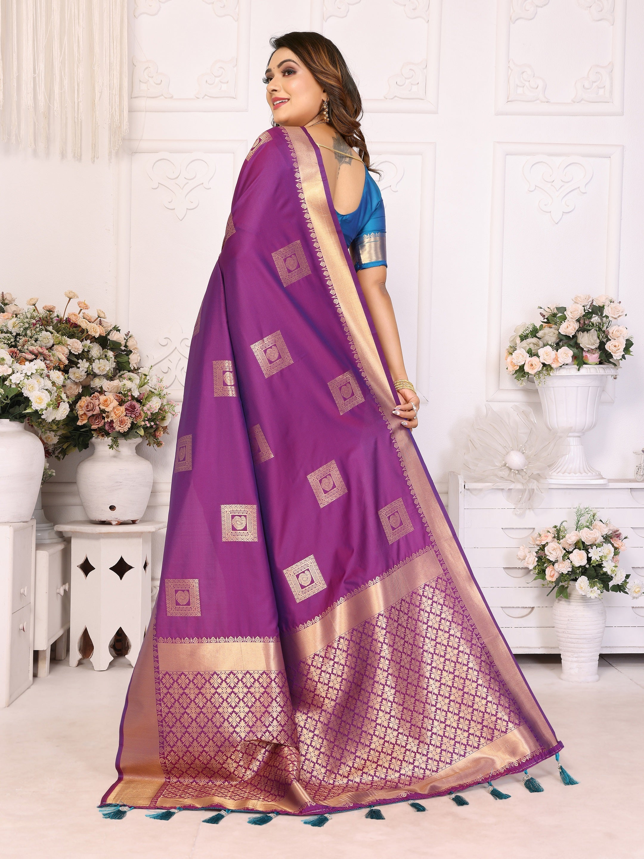 Vedant Vastram Soft Litchi Silk Banarasi Silk Saree - Purple - Distacart