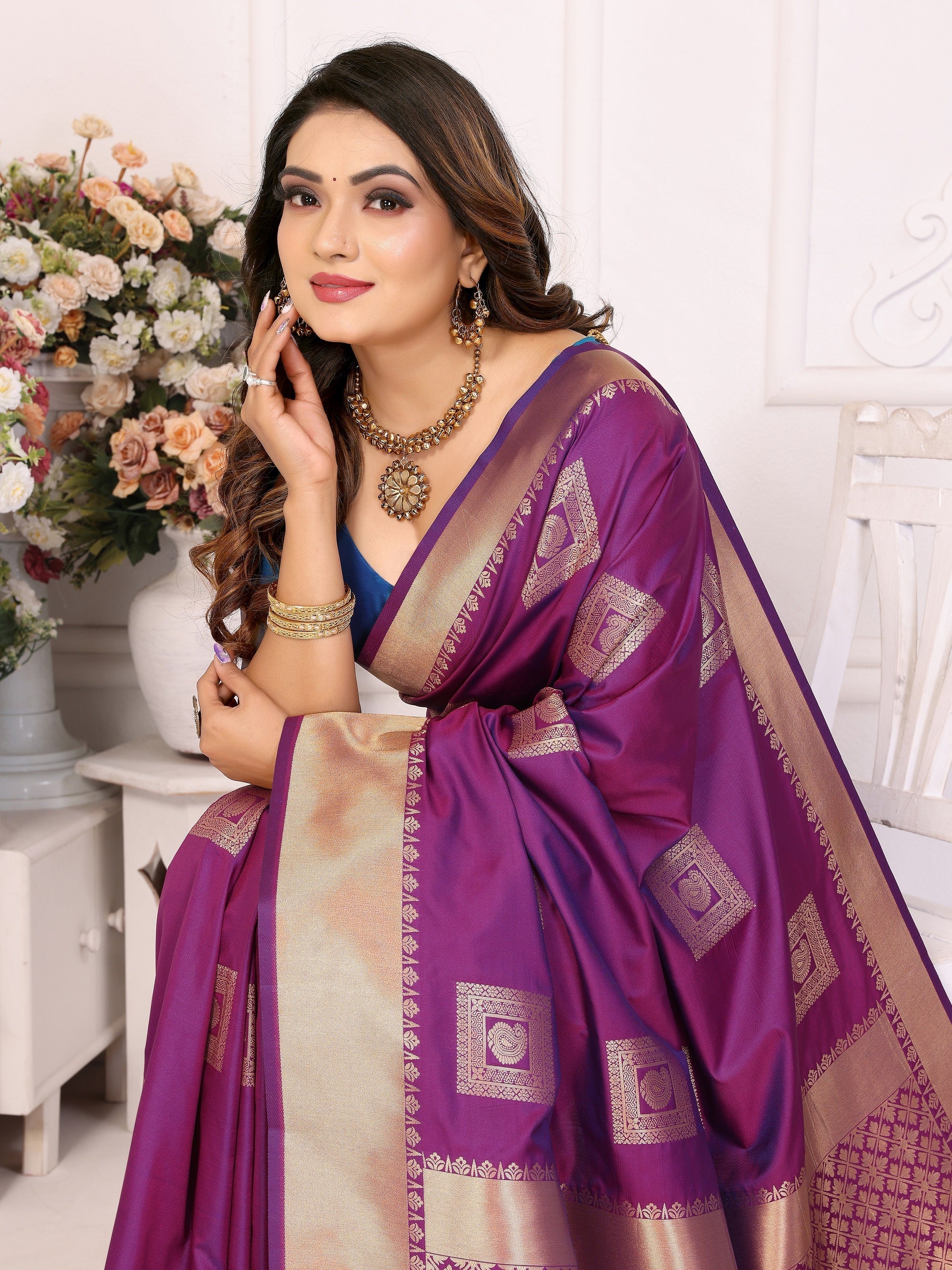 Vedant Vastram Soft Litchi Silk Banarasi Silk Saree - Purple - Distacart
