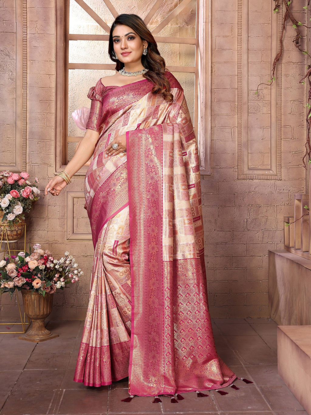 Vedant Vastram Soft Litchi Silk Kanjeevaram Silk Saree - Beige - Distacart
