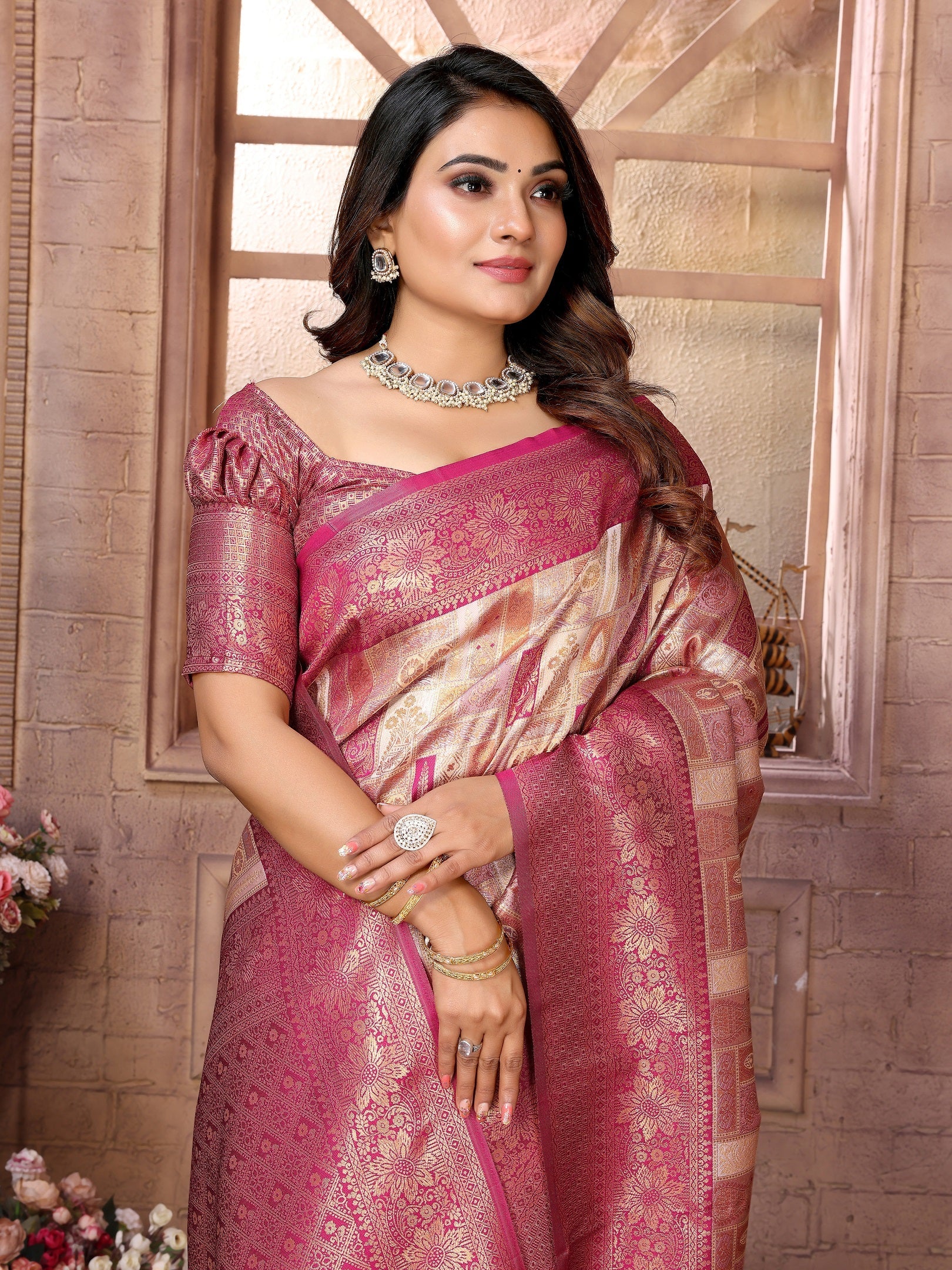 Vedant Vastram Soft Litchi Silk Kanjeevaram Silk Saree - Beige - Distacart