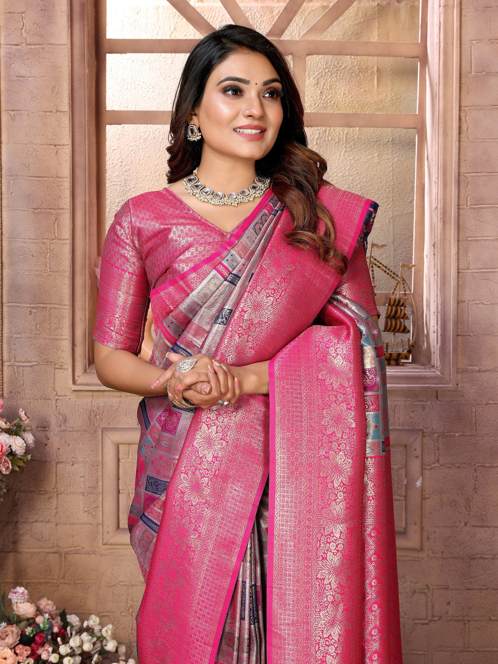 Vedant Vastram Soft Litchi Silk Kanjeevaram Silk Saree - Grey - Distacart