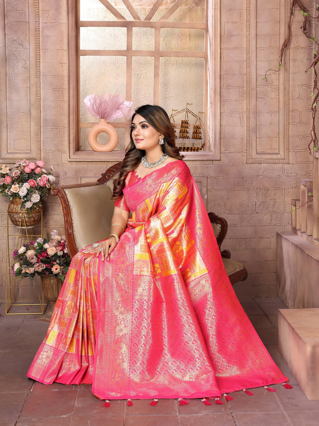 Vedant Vastram Soft Litchi Silk Kanjeevaram Silk Saree - Mustard - Distacart