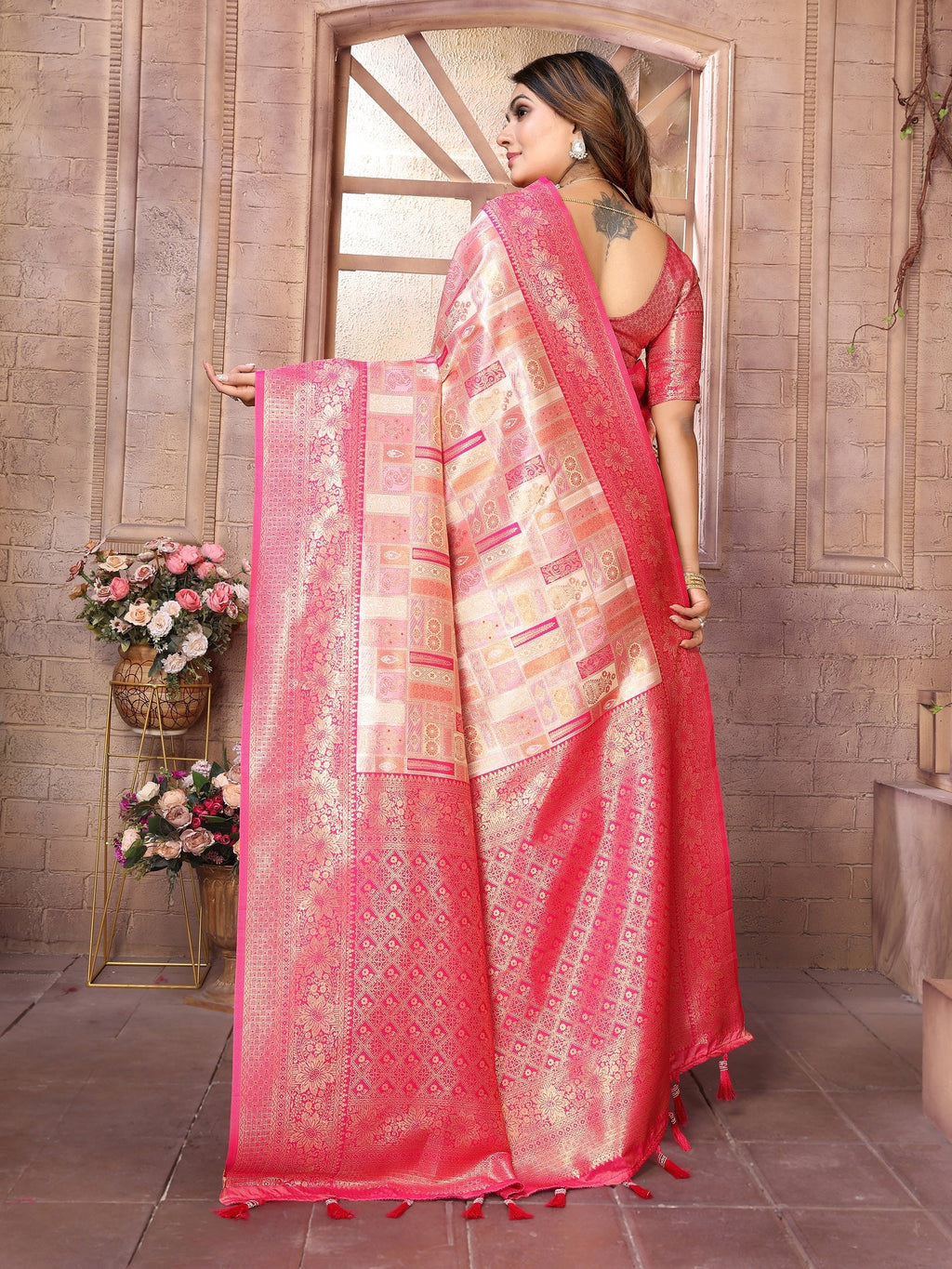 Vedant Vastram Soft Litchi Silk Kanjeevaram Silk Saree - Pink - Distacart