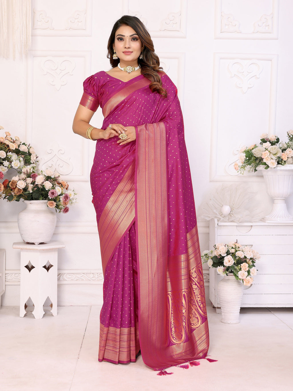 Vedant Vastram Soft Litchi Silk Banarasi Silk Saree - Magenta - Distacart