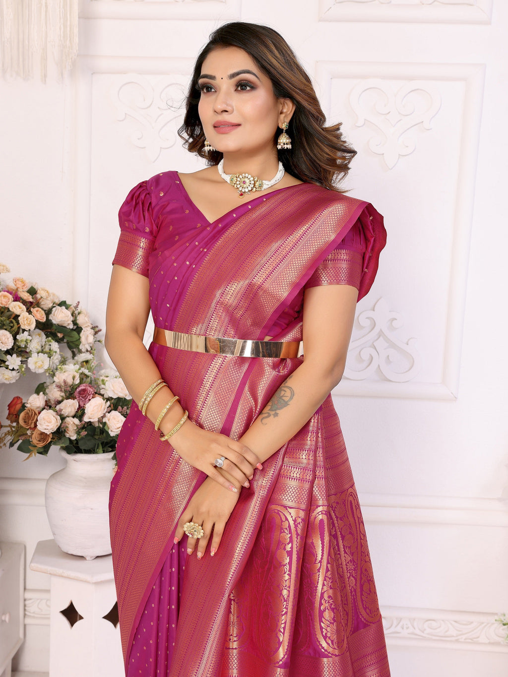 Vedant Vastram Soft Litchi Silk Banarasi Silk Saree - Magenta - Distacart