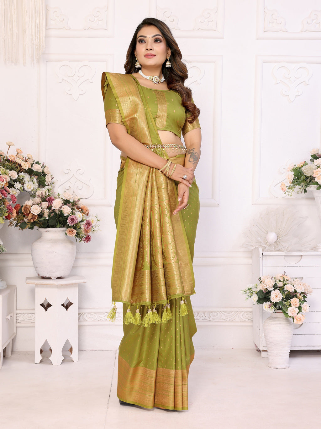 Vedant Vastram Soft Litchi Silk Banarasi Silk Saree - Mahendi - Distacart