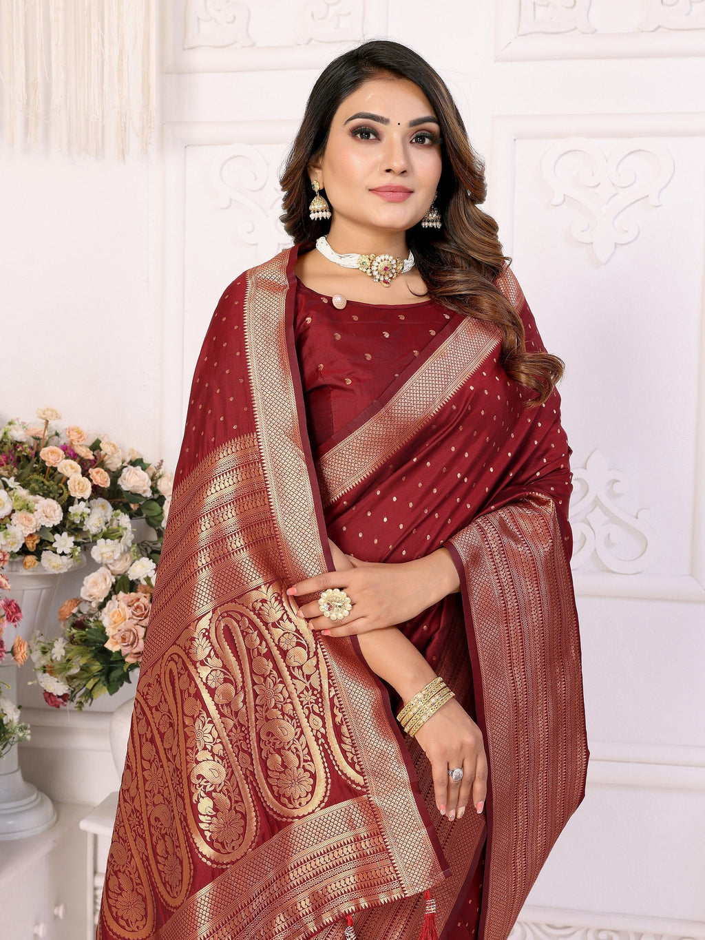 Vedant Vastram Soft Litchi Silk Banarasi Silk Saree - Maroon - Distacart