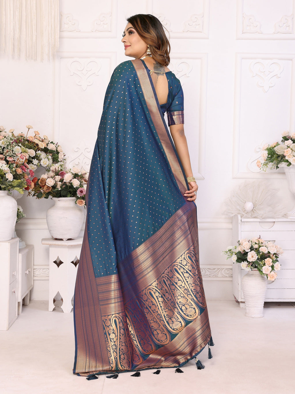 Vedant Vastram Soft Litchi Silk Banarasi Silk Saree - Navy - Distacart