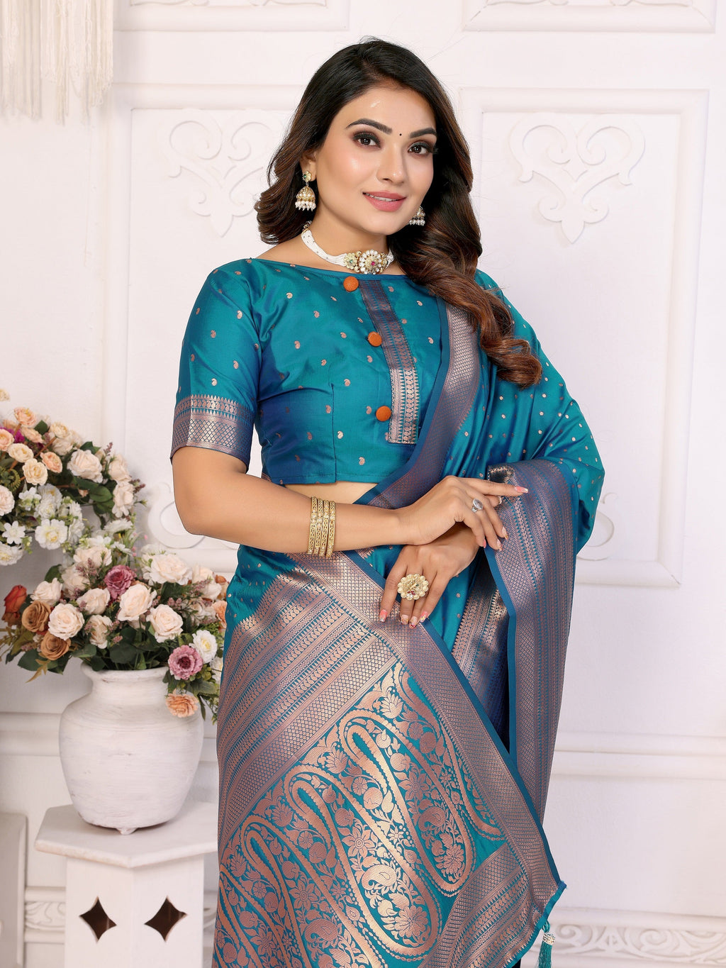 Vedant Vastram Soft Litchi Silk Banarasi Silk Saree - Rama - Distacart