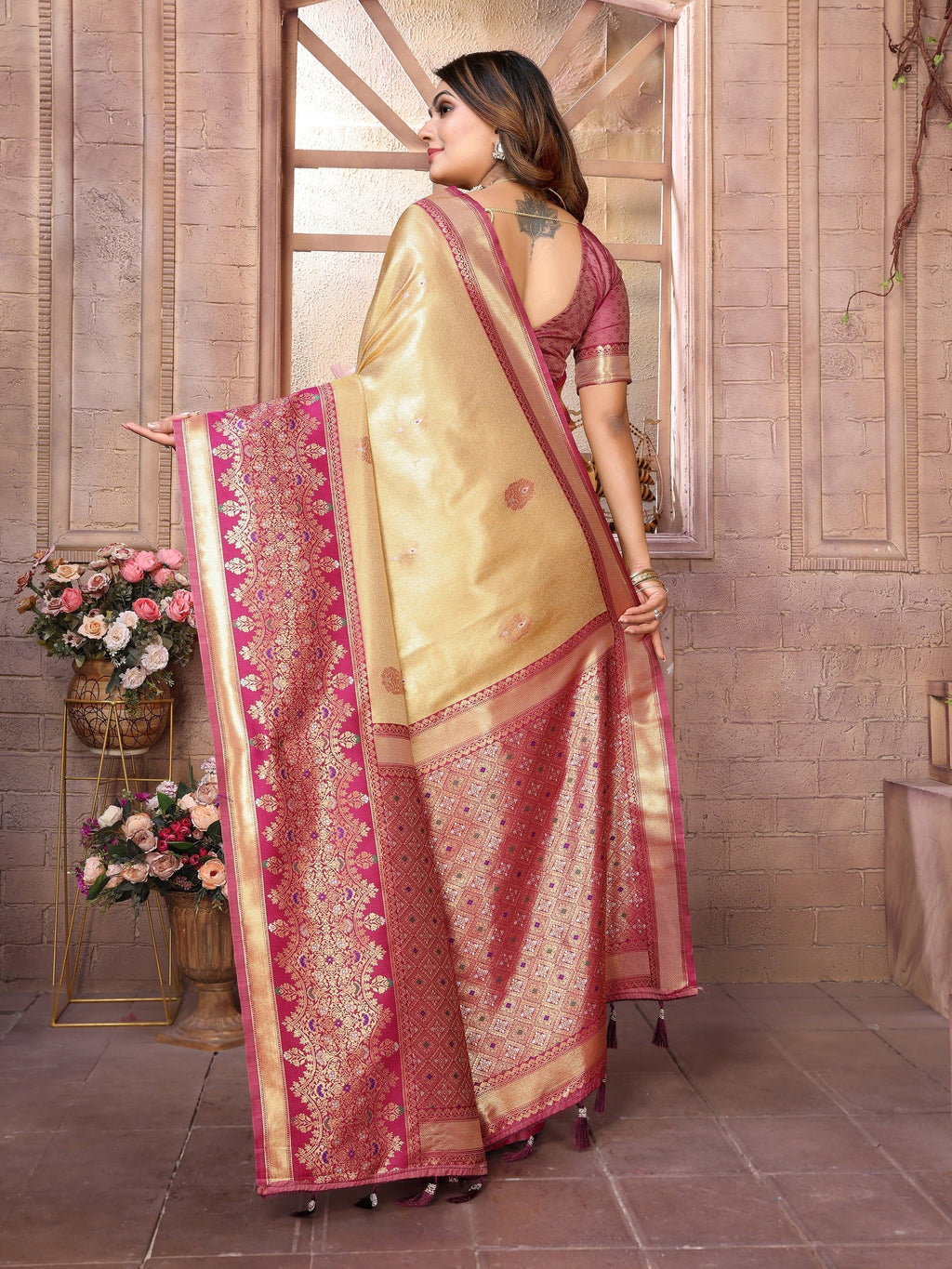 Vedant Vastram Tissue Silk Kanjeevaram Silk Saree - Beige - Distacart