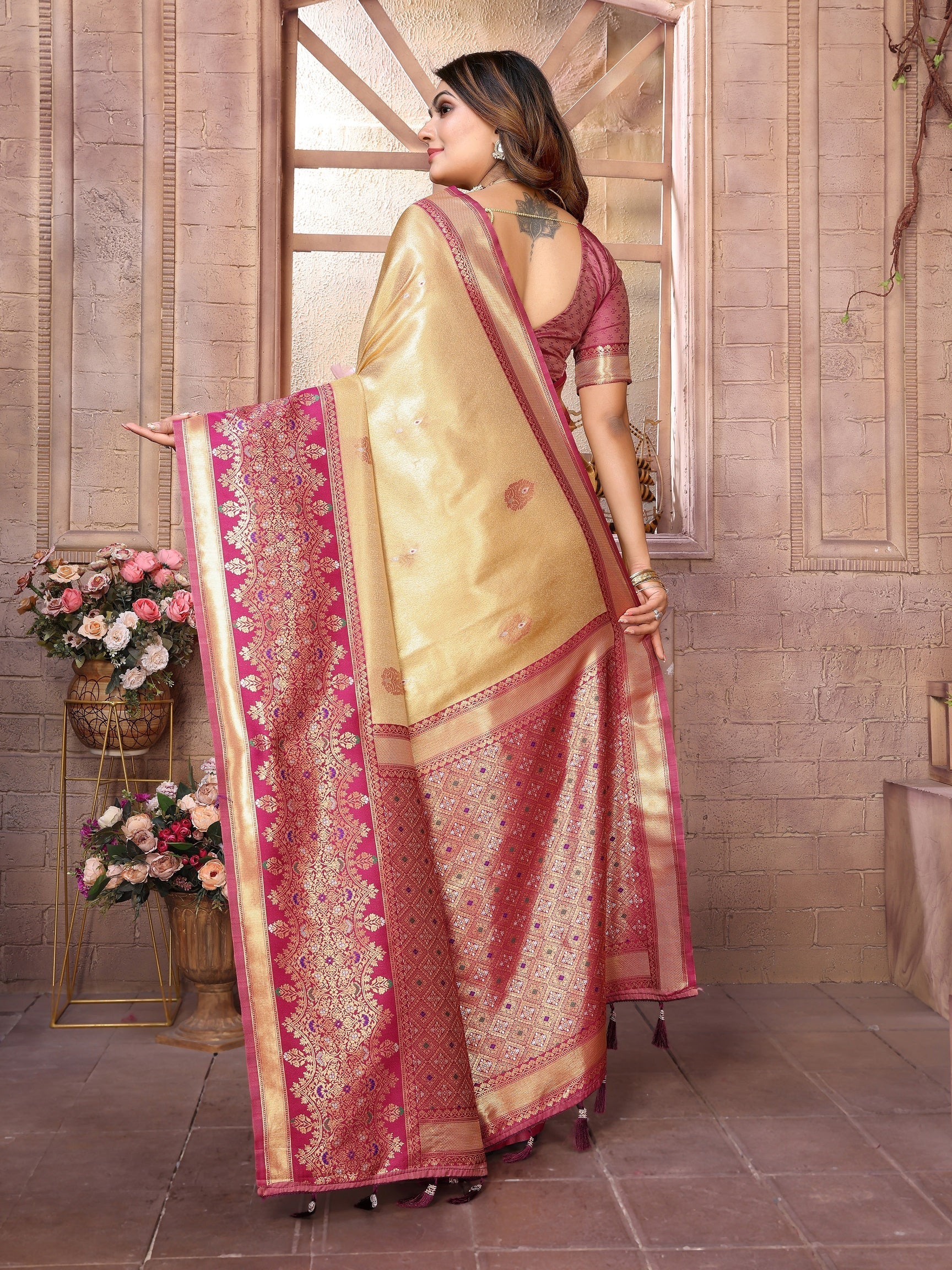 Vedant Vastram Tissue Silk Kanjeevaram Silk Saree - Beige - Distacart