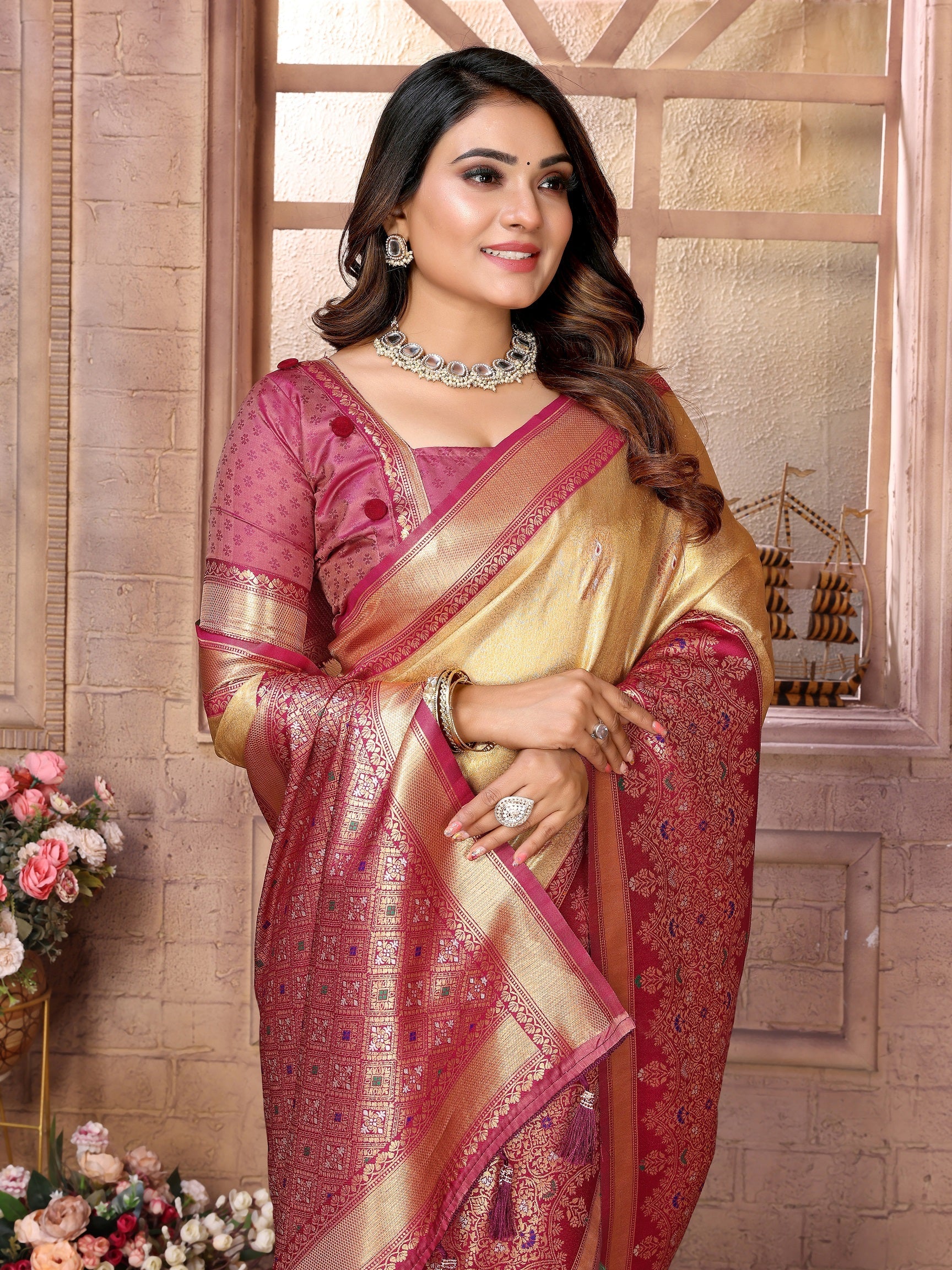 Vedant Vastram Tissue Silk Kanjeevaram Silk Saree - Beige - Distacart