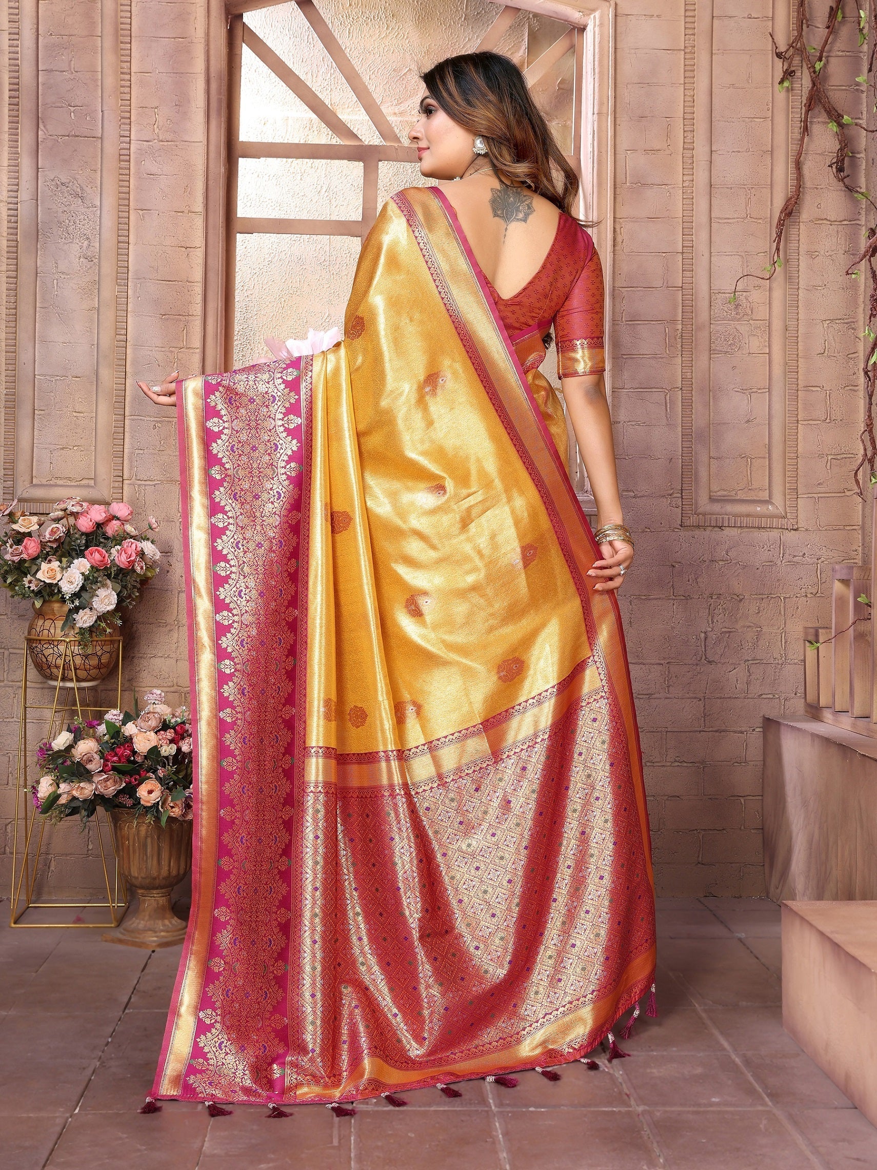 Vedant Vastram Tissue Silk Kanjeevaram Silk Saree - Mustard - Distacart