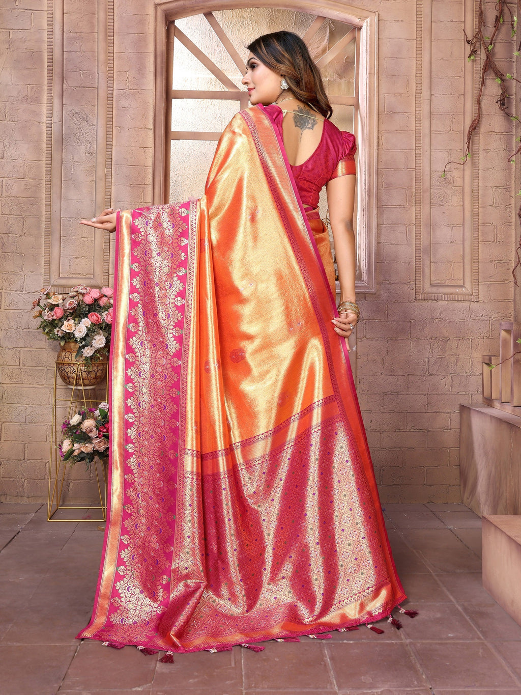 Vedant Vastram Tissue Silk Kanjeevaram Silk Saree - Orange - Distacart